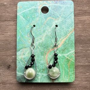Green Moonstone Black Spinel Earrings Wire Wrapped Stainless Steel Hooks